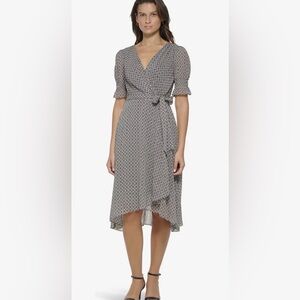 Women's Puff Sleeve V-Neck Black Printed Tie Waist Tommy Hilfiger Size 16